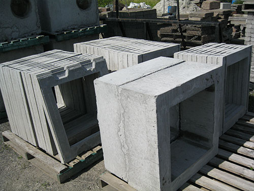 stacked precast concrete products on skids